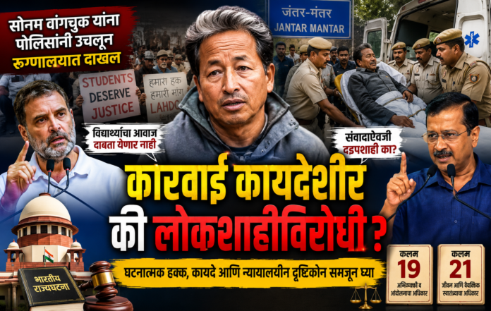 जंतर-मंतरवरील उपोषणादरम्यान सोनम वांगचुक यांना दिल्ली पोलिसांनी रुग्णालयात हलविल्यानंतर निर्माण झालेल्या वादाचे प्रतीकात्मक थंबनेल.